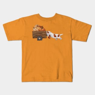 Basset hound pushing a cart with yellow pumpkins. Autumn harvest. Kids T-Shirt
